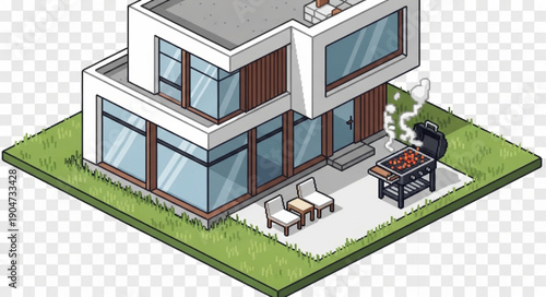 Modern Isometric House with Outdoor Grill and Seating Area.