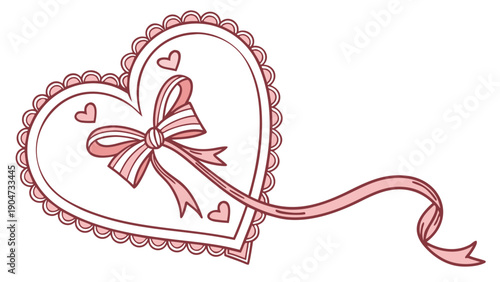 Pink vintage style heart illustration with a lace border and a striped bow on white background.