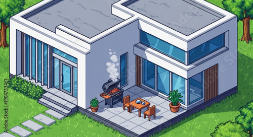 Modern Isometric House with Outdoor Grill and Patio.