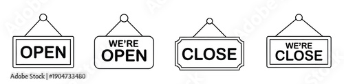 Hanging open and closed sign icons illustrating store entrances, café labels, and shop operating hours in outline style