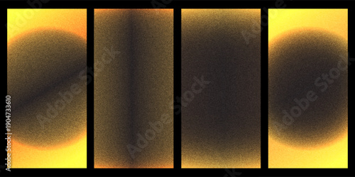 Set of golgen confetti overlays. Collection of vertical template with glittering effect. Noise grain background. Trendy templates with gold colored dust particles. Gradient diffuse dots.Vector