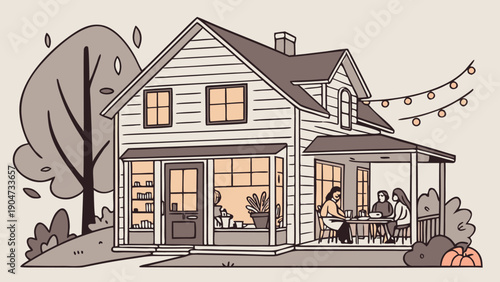 Charming pixel art depiction of a family gathered on the porch of a lit-up two-story country house