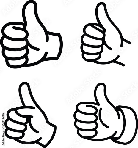 Thumbs up icon set vector. Bold black and white Line art hand gestures for success and approval. Perfect for representing positive feedback, social media likes, business success, and user agreement.