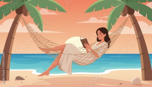 Tropical hammock illustration on sandy beach, calm ocean horizon and relaxing summer getaway theme