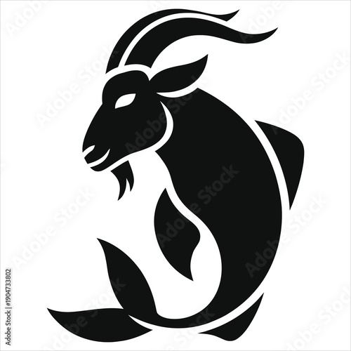 Minimalist Black Capricorn Sea Goat Zodiac Silhouette, Isolated Astrological Horoscope Symbol Vector Art, Ideal for Tattoo, Logo, Astrology Calendar, December January Earth Element Birth Star Sign 