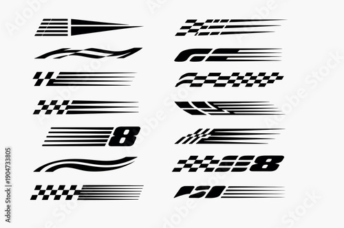 racing stripes and checkered flag designs, bold motorsport inspired vector illustration set for automotive branding race events digital marketing print media and performance design concepts.