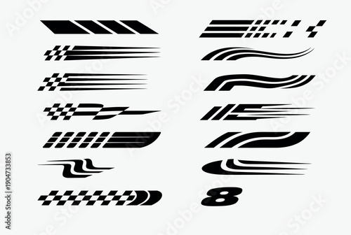 racing stripes and checkered flag designs, dynamic motorsport themed vector graphics for speed racing branding car wraps posters banners and professional automotive design projects.
