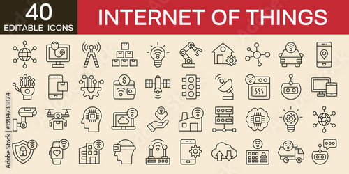 Internet of things line icon set vector illustration with icons of IOT, internet of things, smart house, innovation. Outline icon collection. Editable stroke line icons 