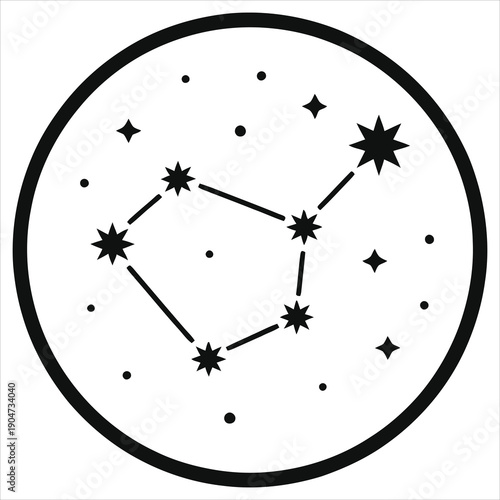 Zodiac constellation inside circular frame vector silhouette. Astrology star sign icon with stars and dots. Black and white minimalist astronomy graphic design element isolated on a white background.