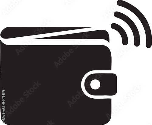A black wallet with contactless payment waves a simple silhouette