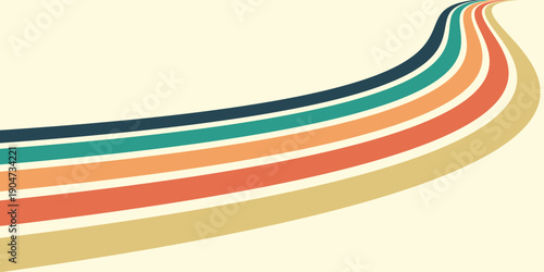 Abstract colorful 70s background vector. Vintage retro wallpaper with rainbow stripes and wavy lines. A 1970 color illustration suitable for posters, banners, decorative items and wall art.