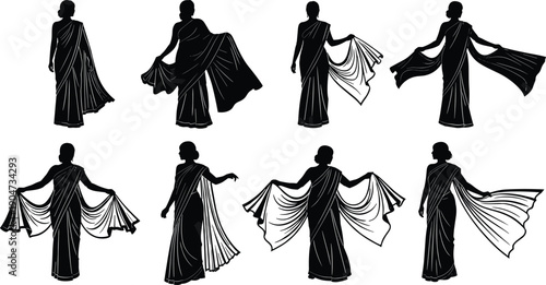 Elegant woman silhouette poses with flowing fabric, fashion dance movement figures, artistic female performance vector illustration isolated