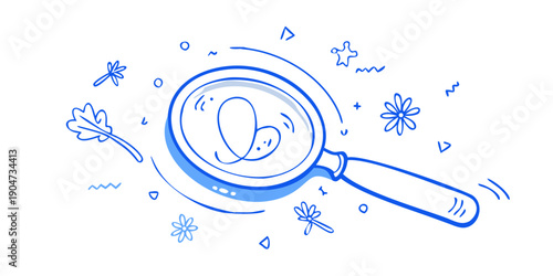 A whimsical illustration of a magnifying glass with a heart and stars Vector