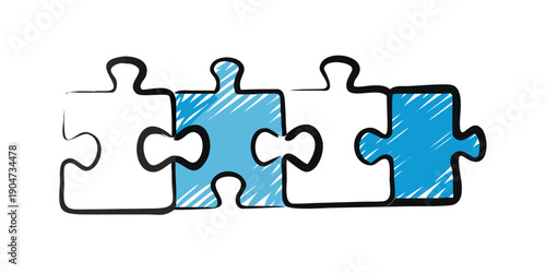 Three puzzle pieces with two missing, showcasing a connection between two blue pieces. Vector