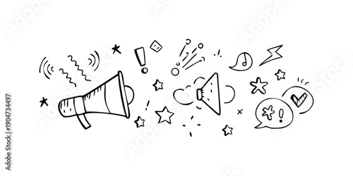 Illustration of various communication symbols and icons flying out of a megaphone Vector