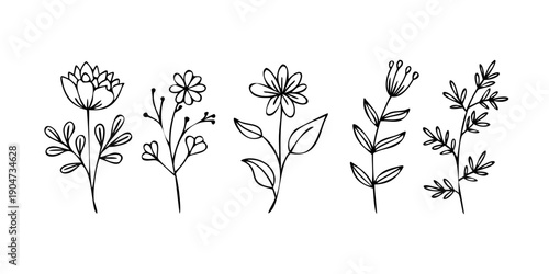 A delightful assortment of five different flowers in a charming line art style Vector