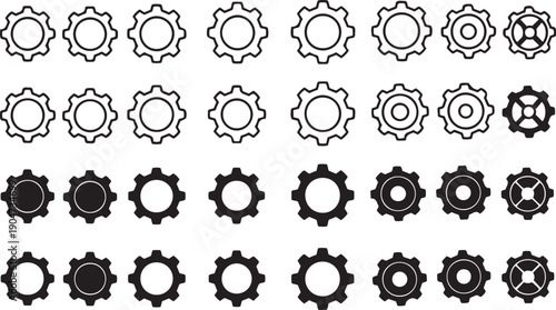 Collection of black and white gear and symbols in rows cogwheel mechanical engineering