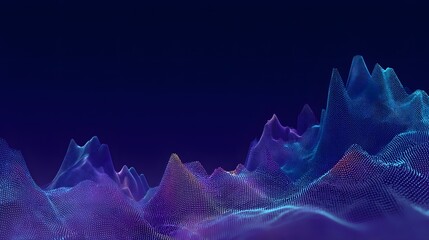 A vibrant digital landscape of purple and blue mountains against a dark background