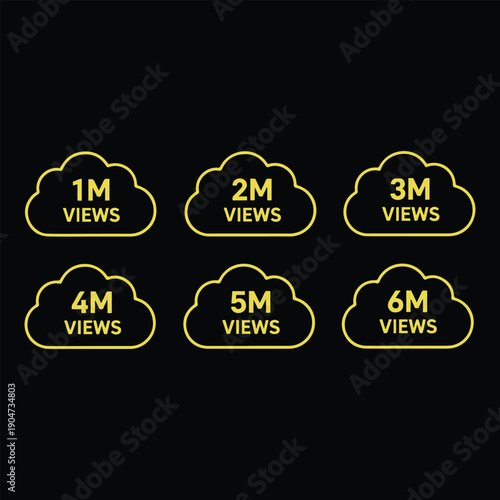 Six yellow cloud with view counts from 1 M to 6 M on black background cloud views 1 million 2 million