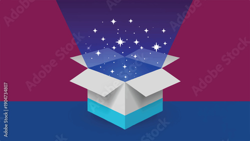 A 3D rendering of an open cardboard box emitting a burst of shimmering stars and light against a deep purple and blue background
