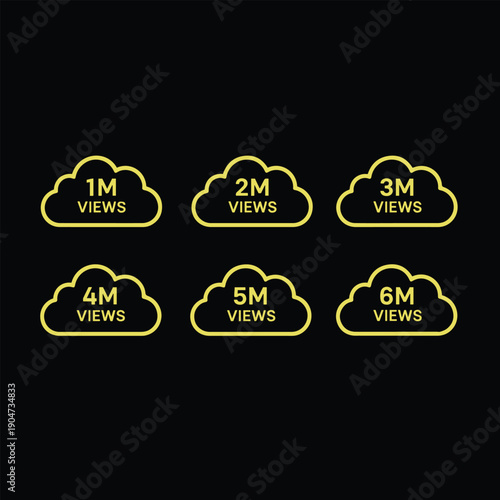 Yellow cloud with view counts 1 M to 6 M on black background cloud view count one million views two million views