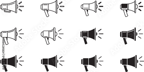 Twelve megaphone in outline and solid black variations bullhorn speaker announcement communication