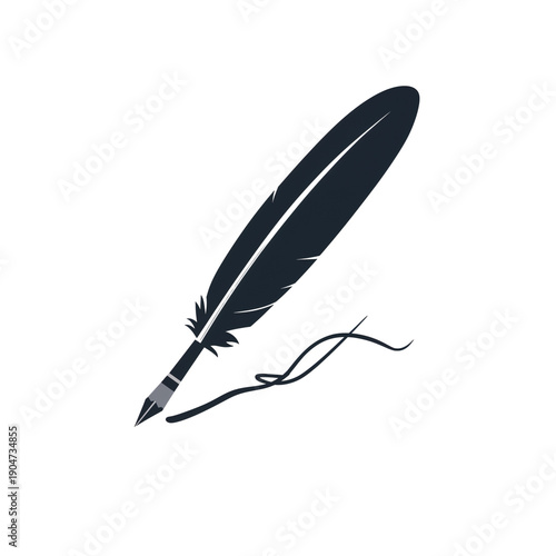 Minimalist quill feather pen icon with metal nib and cursive ink line silhouette isolated on white background