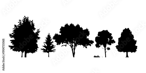 Five trees of varying shapes and sizes in a black and white silhouette Vector