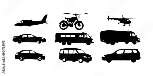 A diverse collection of vehicles including planes, helicopters, cars, and a van. Vector