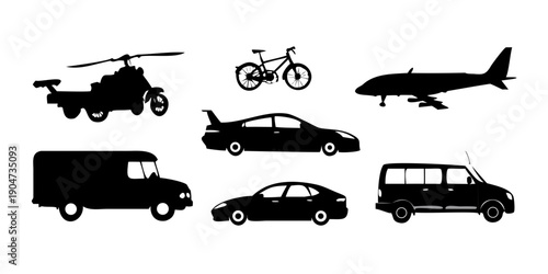 A diverse collection of vehicles including cars, motorcycles, and aircraft Vector