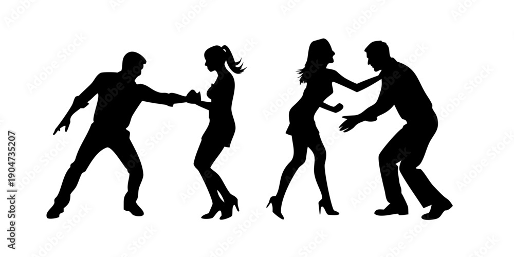 Fototapeta premium A dynamic scene of four individuals engaged in a lively dance routine. Vector