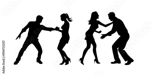 A dynamic scene of four individuals engaged in a lively dance routine. Vector