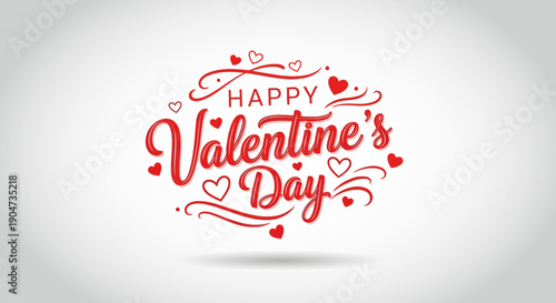 Happy Valentine s Day Text with Red Hearts and Swirls Romantic Greeting Card Design