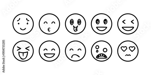 A diverse collection of ten expressive emoji faces showcasing various emotions and expressions Vector