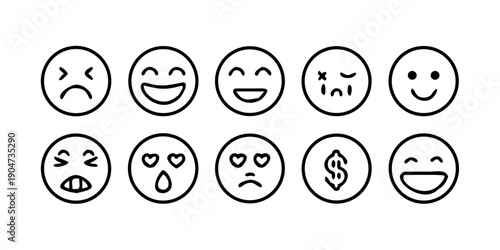 A collection of diverse emoji faces expressing various emotions and symbols Vector