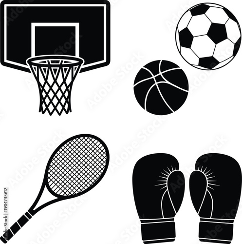 Black and white sports equipment including basketball hoop, soccer ball, basketball, tennis