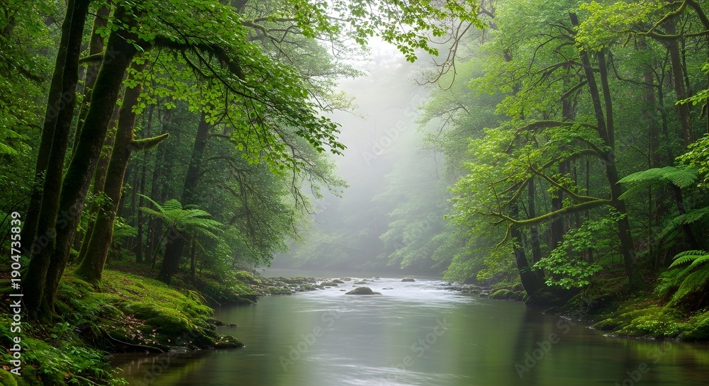Fototapeta premium Lush green forest landscape tranquil river flowing through dense trees