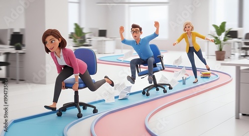 A humorous 3D illustration of office workers racing on rolling chairs along a colorful, winding conveyor belt tra