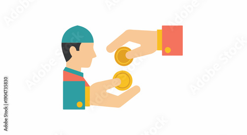 Illustration of a person receiving coins from another person's hand, symbolizing payment, income, or financial transaction.