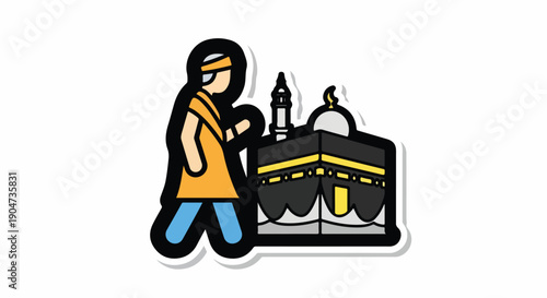 Pilgrim walking towards Kaaba in Mecca, Islamic pilgrimage, Hajj and Umrah, Muslim worship, religious journey, cultural icon