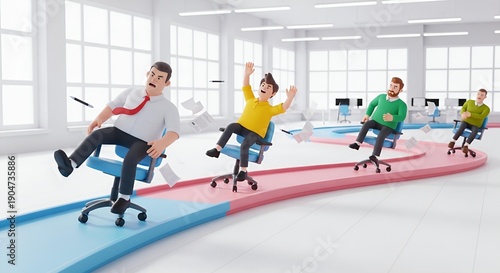 A humorous 3D illustration of office workers racing on rolling chairs along a colorful, winding conveyor belt tra