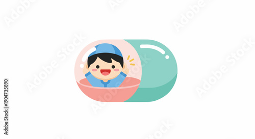 Adorable cartoon baby boy smiling happily inside a protective capsule, symbolizing childhood care, health, and secure development. Cute vector illustration.