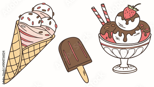 A collection of various ice cream treats including a cone, a popsicle, and a sundae bowl.