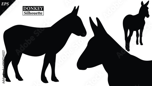 Set of Silhouette of Donkey Animal Isolated on White Background, silhouette of a donkey on white, Simple donkey silhouette vector flat illustration, different poses, rural life, hard work, livestock,