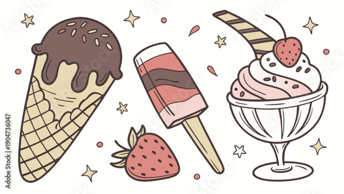 A delightful collection of hand-drawn ice cream treats including a cone, popsicle, and sundae.