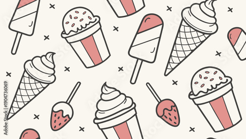 Seamless pattern of hand drawn ice cream cones popsicles and treats in pink and white.