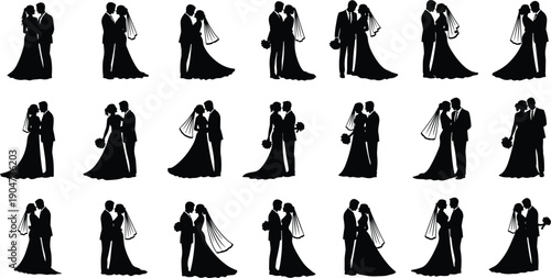 Wedding couple silhouettes collection, romantic bride and groom poses, marriage ceremony icons set, elegant black vector illustration isolated