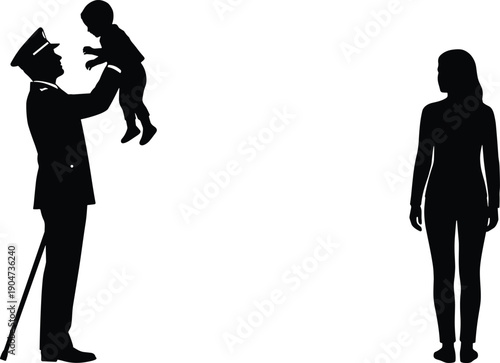 Vector silhouette of a military soldier in uniform returning home to his family and lifting a joyful child while his wife looks on