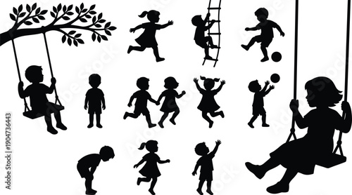 Vector silhouette collection of active children playing outdoors including kids on swings, climbing ladders, playing soccer, running, jumping
