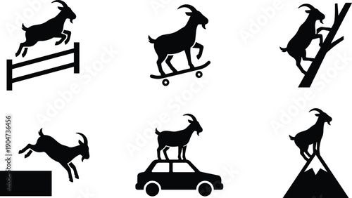 Vector silhouette collection of active goats in funny situations including jumping over fences, riding a skateboard, climbing trees, standing on cars and mountains